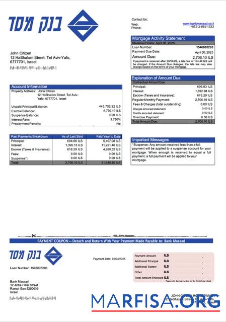 Realistic Israel Bank Massad mortgage statement Word and PDF template